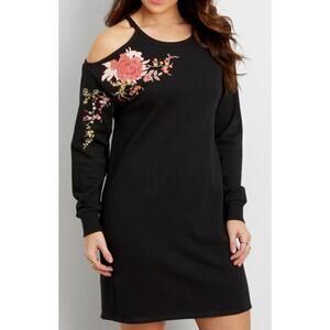 Maurices Cold Shoulder Black Embroidered Sweatshirt Mini Dress US Womens S